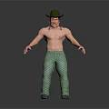 3D Male Character Model With Cowboy Hat Bare Chest Shiny Green Pants And Dark Background