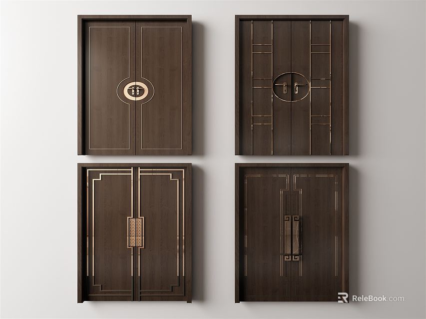 Dark Wooden Double Doors Featuring Decorative Grilles Door Knockers And Metal Accents 3d model 