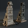 Ancient Ruined Stone Towers With Small Figurine And Historical Architectural Detail