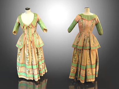 Two Piece Vintage Historical Clothing Featuring Green Beige Floral Pattern Ruffled Design And Collar 3d model