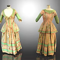 Two Piece Vintage Historical Clothing Featuring Green Beige Floral Pattern Ruffled Design And Collar