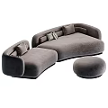 Modern Curved Three Seater Sofa with Gray Velvet Upholstery Ottoman and Pillows