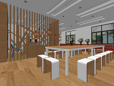 Modern Office Interior Design With Wooden Partition Long Table White Stools And Potted Plants 3d model