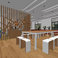 Modern Office Interior Design With Wooden Partition Long Table White Stools And Potted Plants