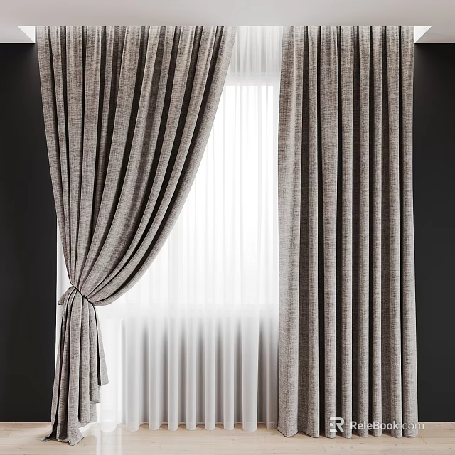 Gray Striped Linen Curtains With Tieback And Sheer White Voile For Window 3d model 