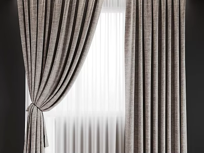 Gray Striped Linen Curtains With Tieback And Sheer White Voile For Window 3d model