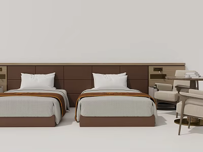 Single Bed With Brown Headboard White Pillows Gray Bedspread Accent Chair And Side Table 3d model