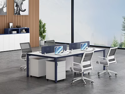Modern Office Desk Setup With Ergonomic Chairs Laptops Storage Cabinets And Natural Light 3d model