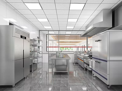 Commercial Kitchen Interior With Stainless Steel Equipment Worktables Hood Tiled Floor And Bright Lighting 3d model