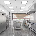 Commercial Kitchen Interior With Stainless Steel Equipment Worktables Hood Tiled Floor And Bright Lighting