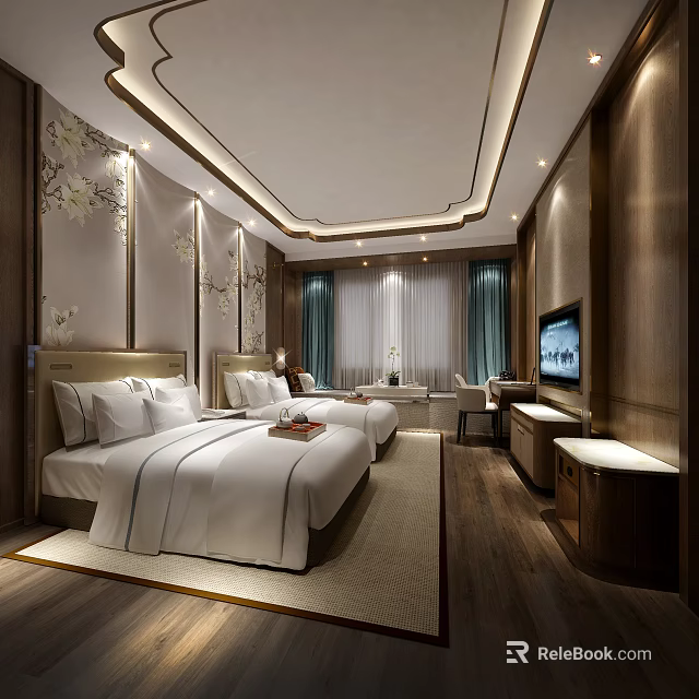 Elegant Modern Hotel Guest Room With Twin Beds White Linens Wooden Furniture And Wall Decor 3d model 