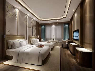 Elegant Modern Hotel Guest Room With Twin Beds White Linens Wooden Furniture And Wall Decor 3d model