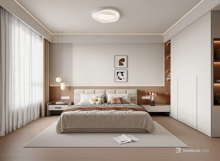 Modern Minimalist Bedroom Interior With Bed Nightstands Curtains And Wardrobe 3d model 