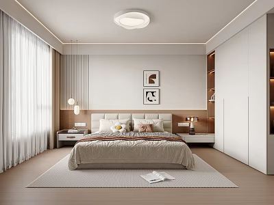 Modern Minimalist Bedroom Interior With Bed Nightstands Curtains And Wardrobe 3d model