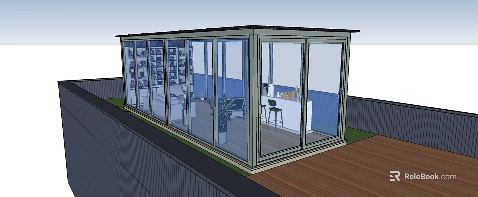 Stylish Garden Glasshouse With Glass Walls And Wooden Deck Featuring Indoor Plants And Cozy Furniture 3d model 