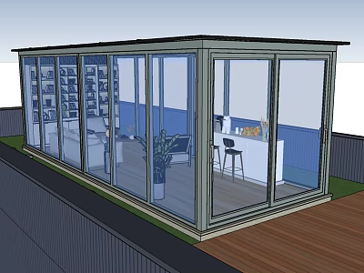 Stylish Garden Glasshouse With Glass Walls And Wooden Deck Featuring Indoor Plants And Cozy Furniture 3d model