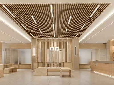 Elegant Modern Boutique Interior With Wooden Ceiling Partition And Reception Desk Seating Benches 3d model
