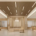 Elegant Modern Boutique Interior With Wooden Ceiling Partition And Reception Desk Seating Benches