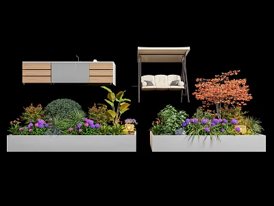 Diverse Plant Combination In White Planter Boxes With Purple Flowers Green Shrubs And Orange Trees 3d model
