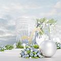 Elegant Wedding Stage Decoration With White Woven Cylinder Blue Flowers And Arched Accents
