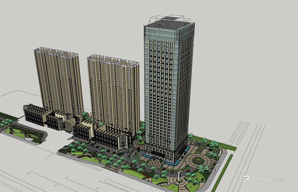 Modern High Rise Office Building With Glass Facade Adjacent Towers And Landscaped Plaza 3d model 