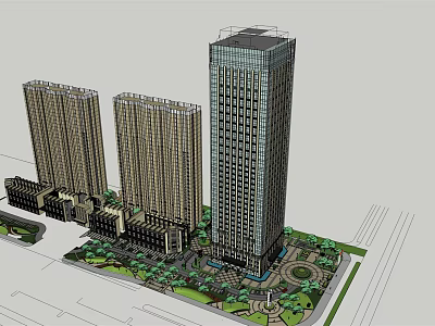 Modern High Rise Office Building With Glass Facade Adjacent Towers And Landscaped Plaza 3d model