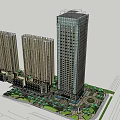 Modern High Rise Office Building With Glass Facade Adjacent Towers And Landscaped Plaza
