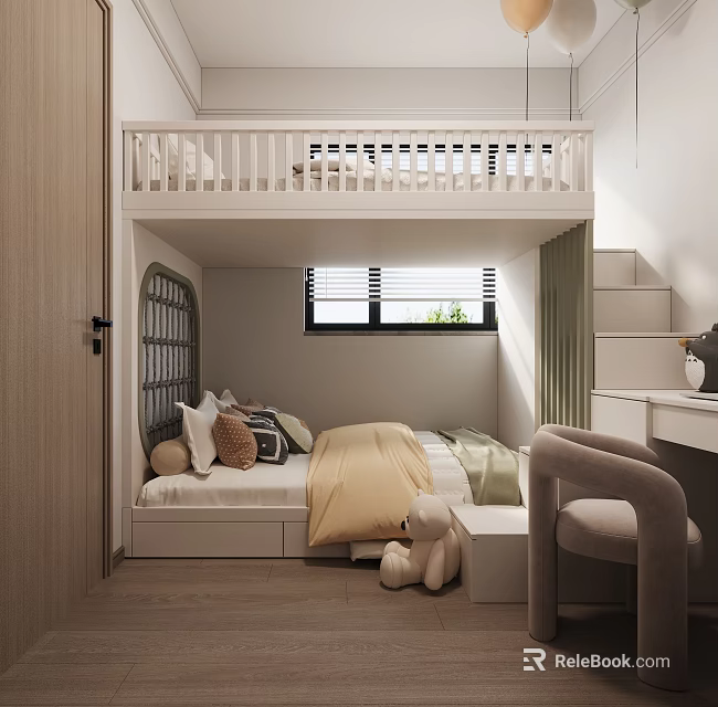 Modern Kids Room With Loft Bunk Bed Stairs Desk Chair Pillows And Stuffed Toy 3d model 
