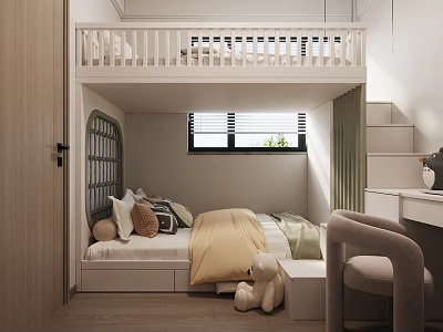 Modern Kids Room With Loft Bunk Bed Stairs Desk Chair Pillows And Stuffed Toy 3d model
