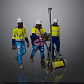 Construction Workers In Yellow Safety Vests Pushing Surveying Equipment With White Hard Hats