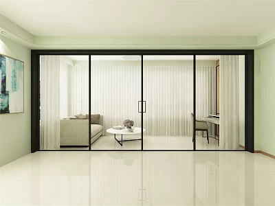 Modern Interior With Glass Sliding Doors Connecting Living Room And Workspace Area 3d model
