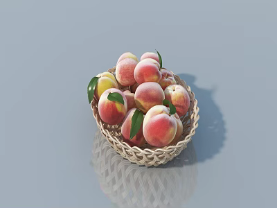 Fresh Red and Yellow Peaches with Green Leaves in Wicker Basket on Light-Colored Surface 3d model