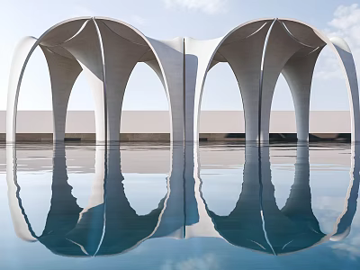 Modern Pergola With Symmetrical Curved Arches And Water Reflections In Outdoor Area 3d model