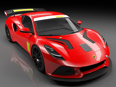 Red Racing Sports Car With Rear Spoiler Black Stripes And Yellow Decals 3d model