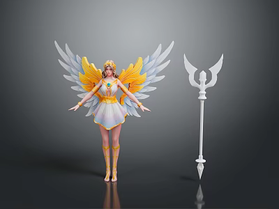 Mythical Winged Angelic Figure With Golden Crown And White Trident Weapon 3d model