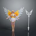 Mythical Winged Angelic Figure With Golden Crown And White Trident Weapon