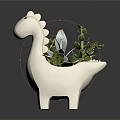 Decorative White Dinosaur Shaped Planter With Succulents And Green Leaves