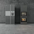 Modern Kitchen Appliances Featuring Stainless Steel Double Door Refrigerator And Black Double Wall Oven