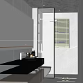 Modern Dark Toned Bathroom Interior With Vanity Mirror Glass Shower And Blinds