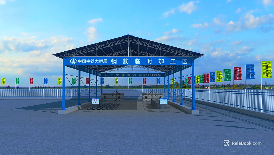 Industrial Workshop Steel Reinforcement Temporary Processing Structure With Blue Canopy 3d model