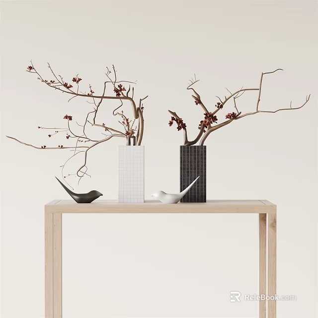 White and Black Vases with Red Berry Branches on Wooden Table with Small Bird Decor 3d model 