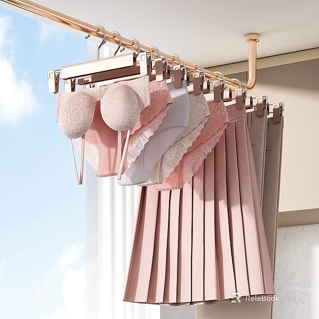 Pink Gray Lingerie With Lace Skirts Hanging On Hanger Balcony Blue Sky 3d model 