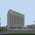 Modern Office Building With Glass Curtain Wall Grand Entrance And Landscaped Surroundings