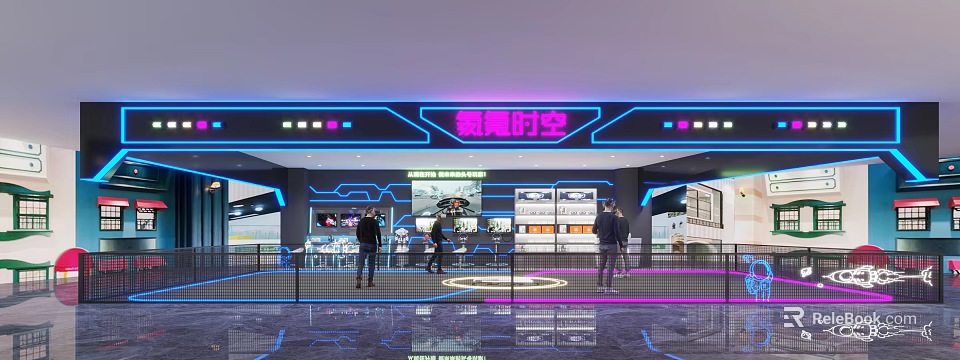 Futuristic Cyber Space Exhibition Space With Neon Lights Display Screens And Visitors Exploring 3d model 