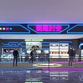 Futuristic Cyber Space Exhibition Space With Neon Lights Display Screens And Visitors Exploring