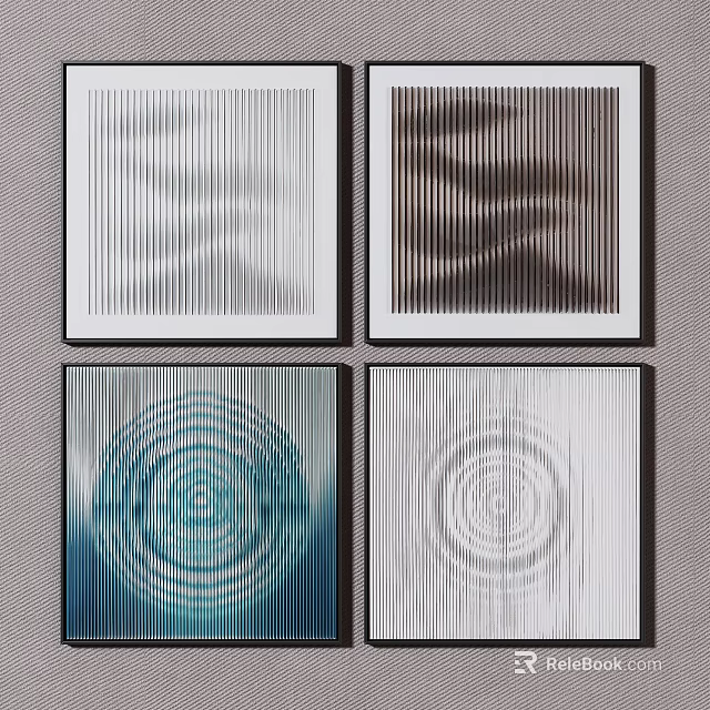 Abstract Wall Art With Striped Spiral Wave Patterns In Black Frames On Gray Wall 3d model