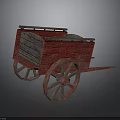 Vintage Red Wooden Cart With Large Spoked Wheels And Wooden Cargo Bed