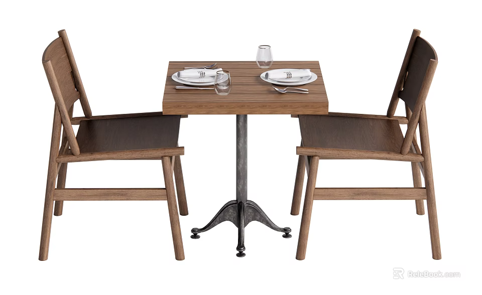 Square Wooden Dining Table Set With Two Chairs Metal Legs And Tableware 3d model