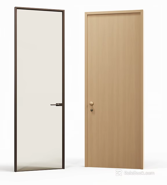 Modern Wooden Swing Door With Black Frame And Gold Door Handle 3d model 