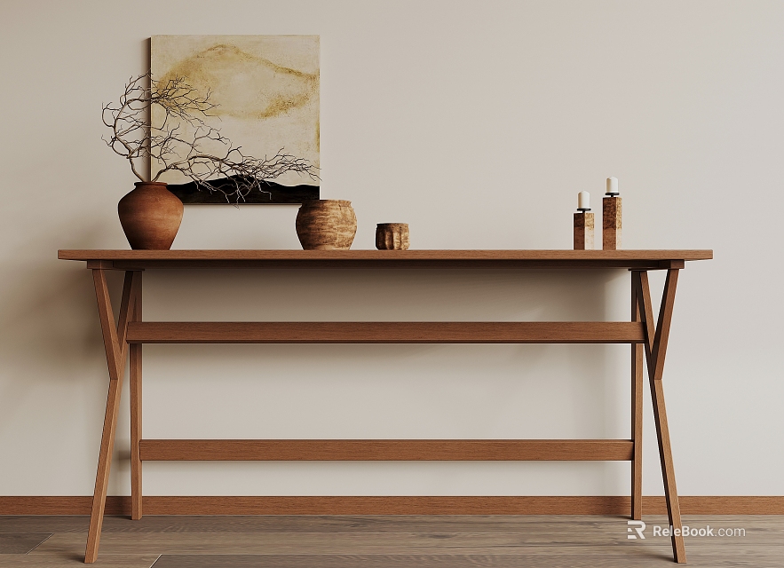 Modern Wooden Entryway Console Table with Ceramic Vase Wicker Basket and Wall Artwork 3d model 